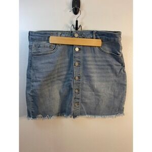 Indigo Rein Womens Blue Button Front Denim Mini Skirt Raw Hem Size 11 MediumWash